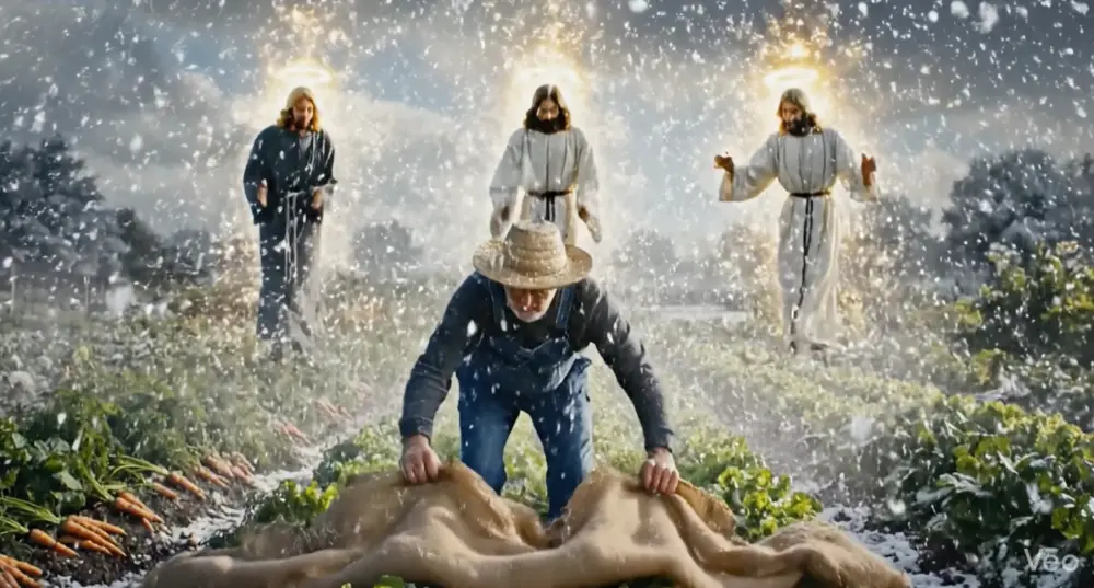 Jardinier protégeant son potager sous la neige avec trois saints auréolés représentant les saints de glace de mai