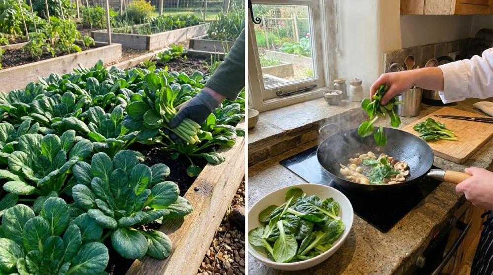 Récolte de tatsoi en carré potager et cuisson au wok dans une cuisine familiale