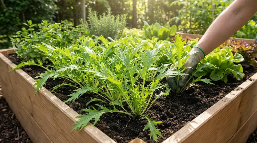 Mizuna semée en avril dans un carré potager en bois, feuilles découpées lumineuses