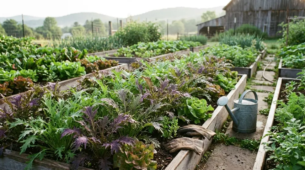 Mizuna verte et pourpre en carrés potagers, semis de printemps pour récolte en mai