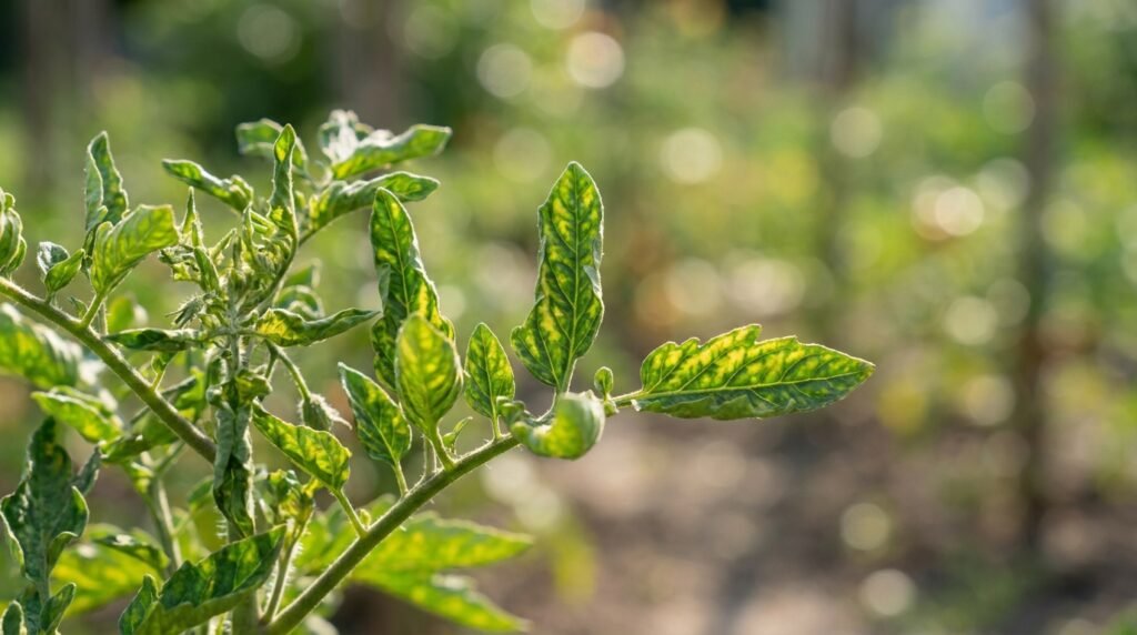 Feuilles de tomate enroulées en cuillère, symptôme du virus TYLCV avec jaunissement internervaire