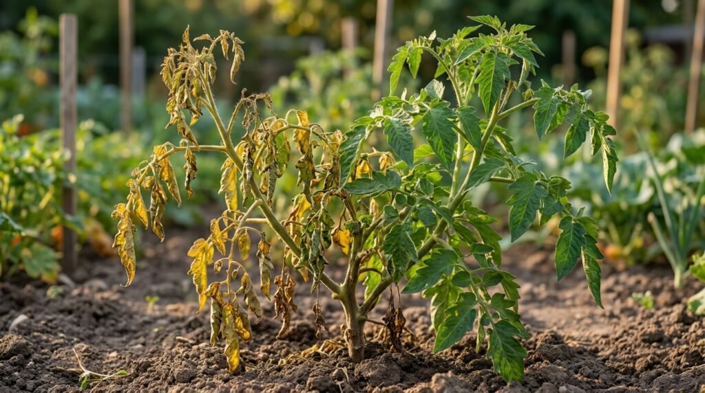 Plant de tomate atteint de fusariose avec flétrissement asymétrique et jaunissement d'un côté