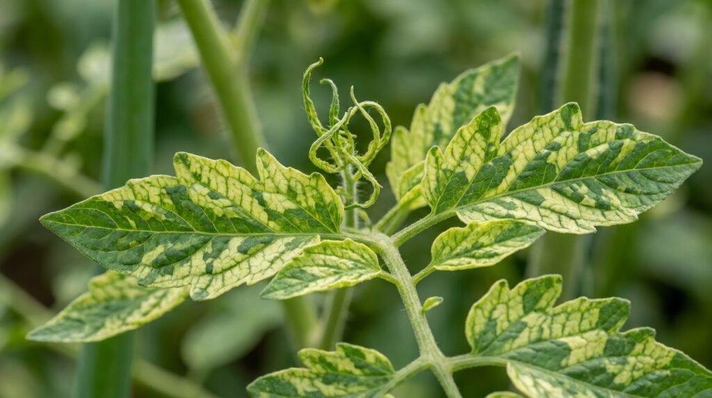 Feuilles de tomate enroulées en cuillère, symptôme du virus TYLCV avec jaunissement internervaire