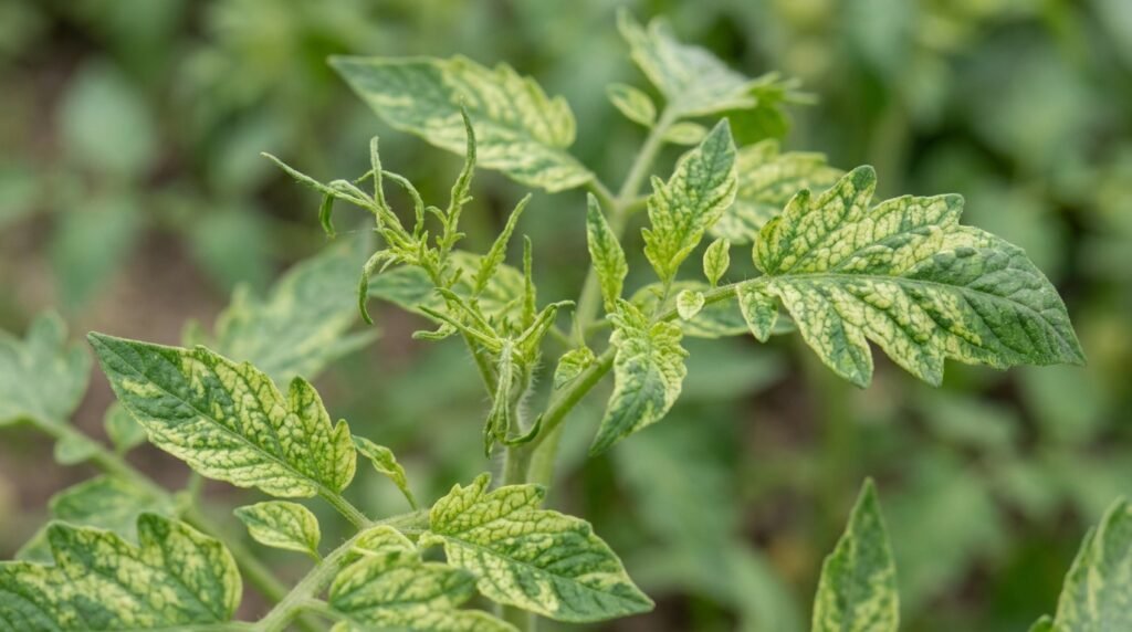 Feuilles de tomate présentant un jaunissement internervaire et un enroulement caractéristique