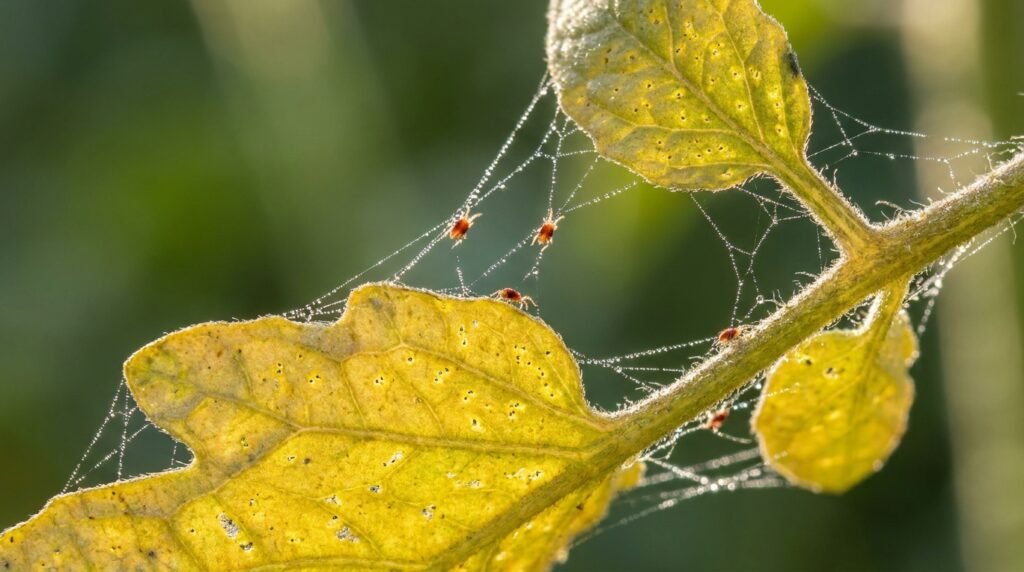 Colonie de tétranyques tisserands sur tige et feuille de tomate avec toile dense et jaunissement