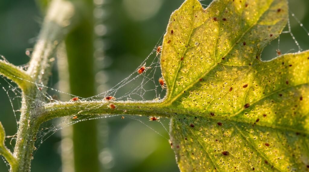 Tétranyques tisserands sur feuille de tomate jaunie avec toiles fines, ravageur du potager