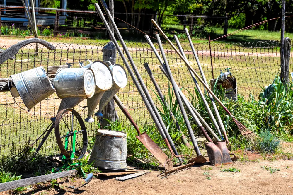 Outils de jardinage potager alignés contre une clôture en juin : bêches, fourches, râteau, arrosoirs