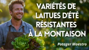 Récolte de laitues d'été variées au potager, sélection de variétés lentes à monter à graines en plein été