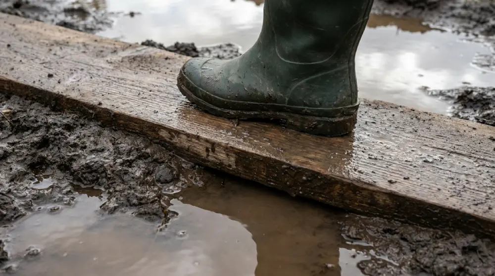 Botte posée sur une planche de bois pour ne pas tasser le sol détrempé d'un potager inondé