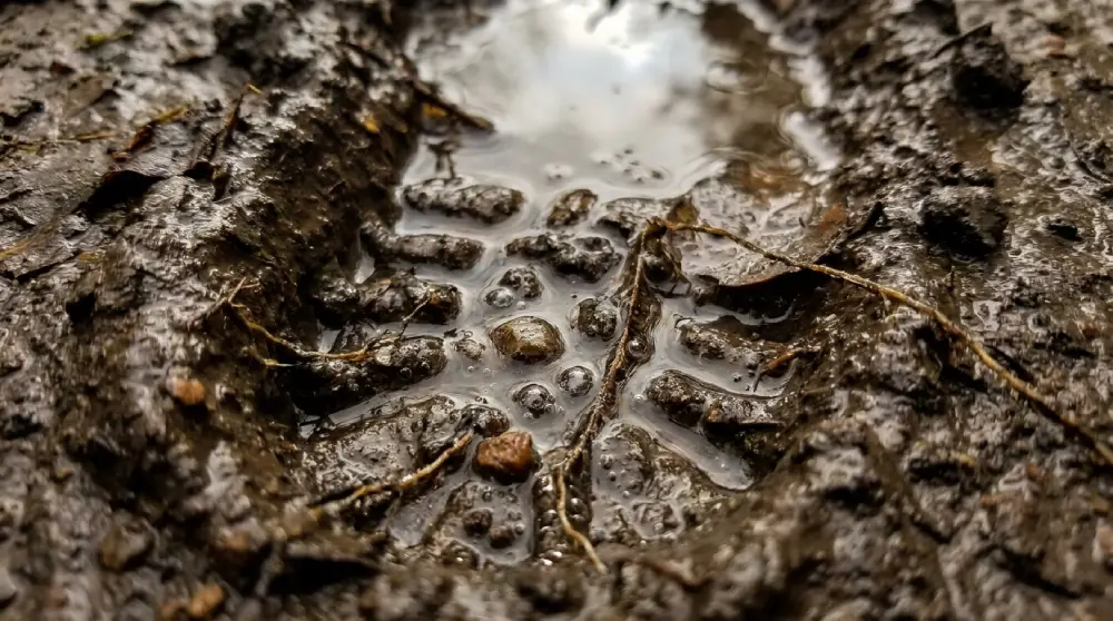 Empreinte de botte remplie d'eau dans la boue d'un potager montrant le sol compacté et détrempé