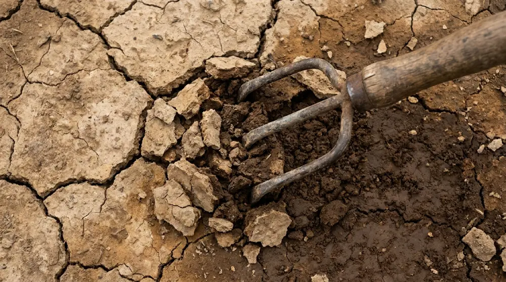 Fourche brisant la croûte durcie d'un sol de potager craquelé pour rétablir la circulation de l'air
