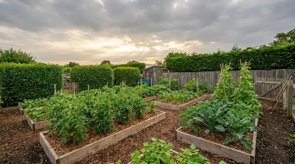 Potager restauré après inondation avec planches surélevées paillées et cultures saines au coucher du soleil