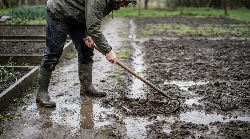 Jardinier creusant une rigole pour évacuer l'eau stagnante d'un potager détrempé sous la pluie