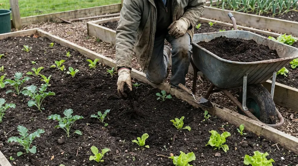 Jardinier étalant du compost à la main sur une planche de potager pour nourrir le sol après inondation