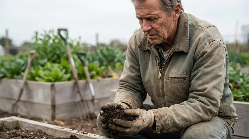 Jardinier accroupi examinant une poignée de terre dans son potager pour vérifier le ressuyage du sol