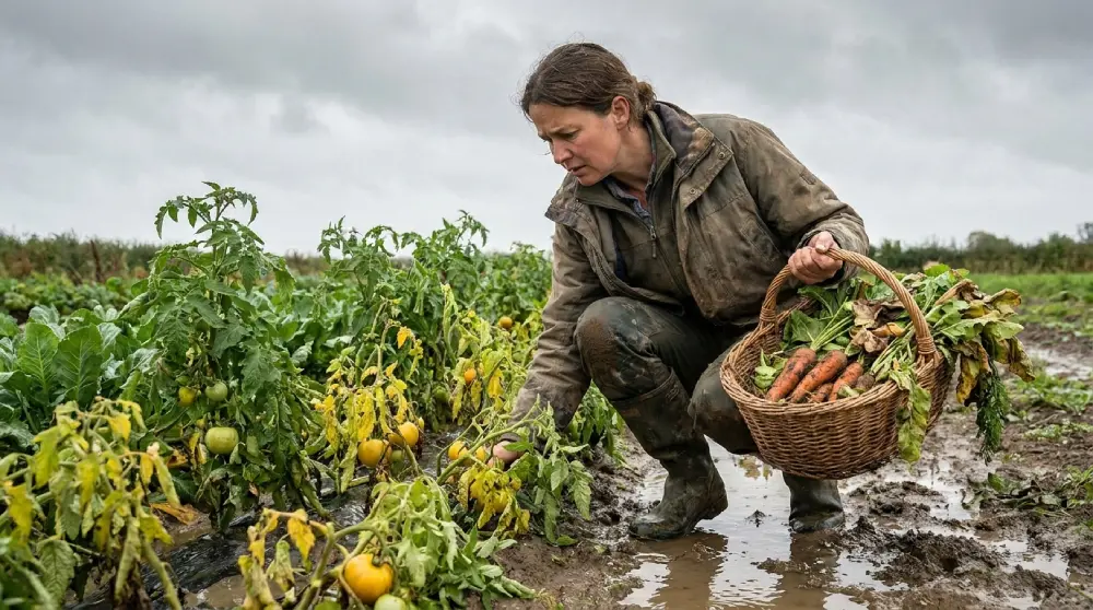 Jardinière récoltant des carottes et inspectant des tomates flétries dans un potager inondé