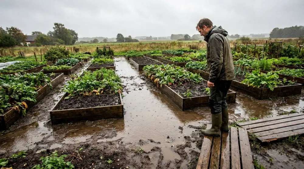 Jardinier sur une planche observant son potager inondé aux planches de culture gorgées d'eau
