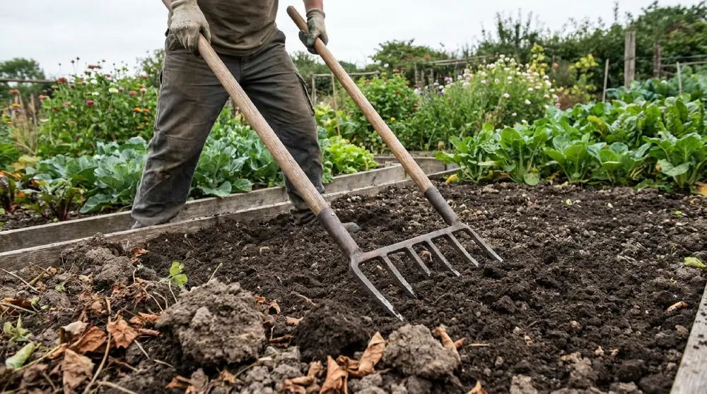 Jardinier aérant le sol d'un potager avec une grelinette pour décompacter la terre après inondation