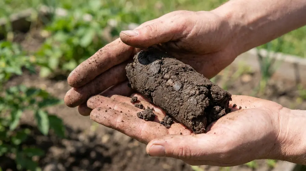 Mains roulant un boudin de terre humide test pour savoir si le sol du potager est encore trop mouillé