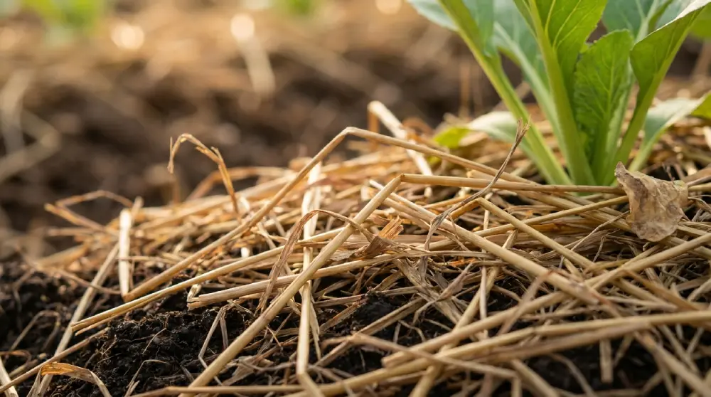 Paillage de paille étalé sur le sol d'un potager au pied d'un plant pour protéger la terre après inondation
