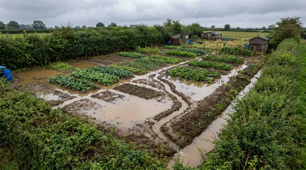 Vue d'ensemble d'un potager inondé avec eau stagnante et rigoles de drainage entre les planches
