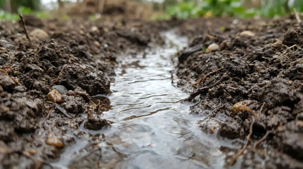 Eau s'écoulant dans une rigole de drainage creusée dans le sol boueux d'un potager inondé
