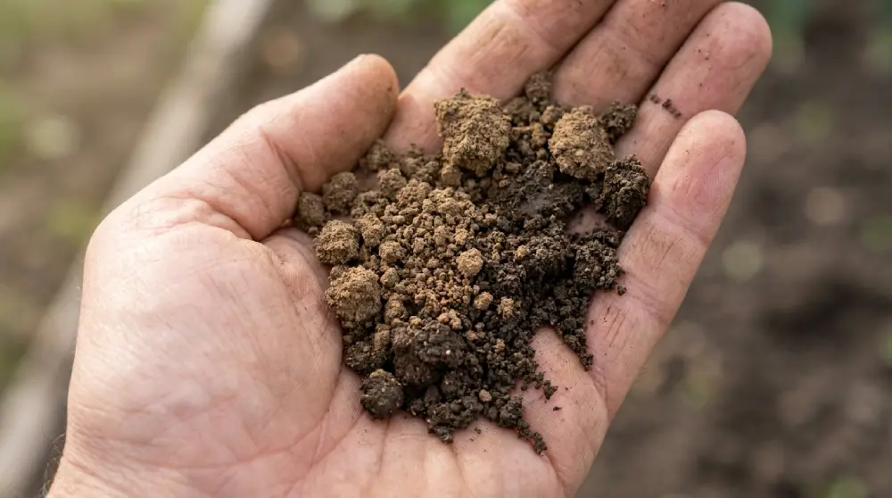 Sol de potager émietté en agrégats grumeleux dans une paume de main signe d'une terre bien ressuyée