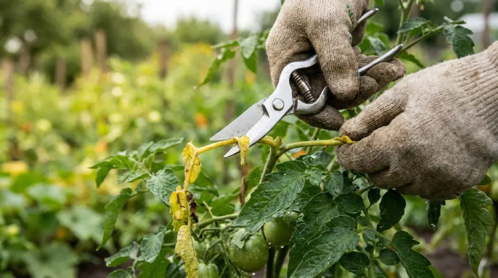 Mains au sécateur coupant une tige jaunie d'un plant de tomate après excès d'eau au potager