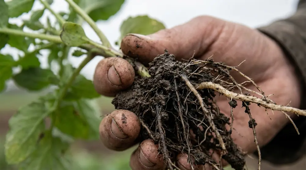 Inspection des racines d'un plant de tomate après inondation pour repérer la pourriture racinaire