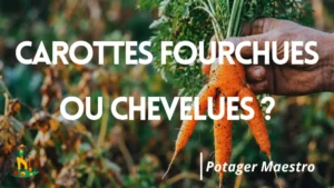 Main de jardinier tenant une carotte fourchue à trois racines au potager, sous le titre carottes fourchues ou chevelues.