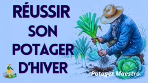 Jardinier au chapeau de paille arrachant un poireau dans un potager d'hiver enneigé, entre choux givrés et flocons de neige.